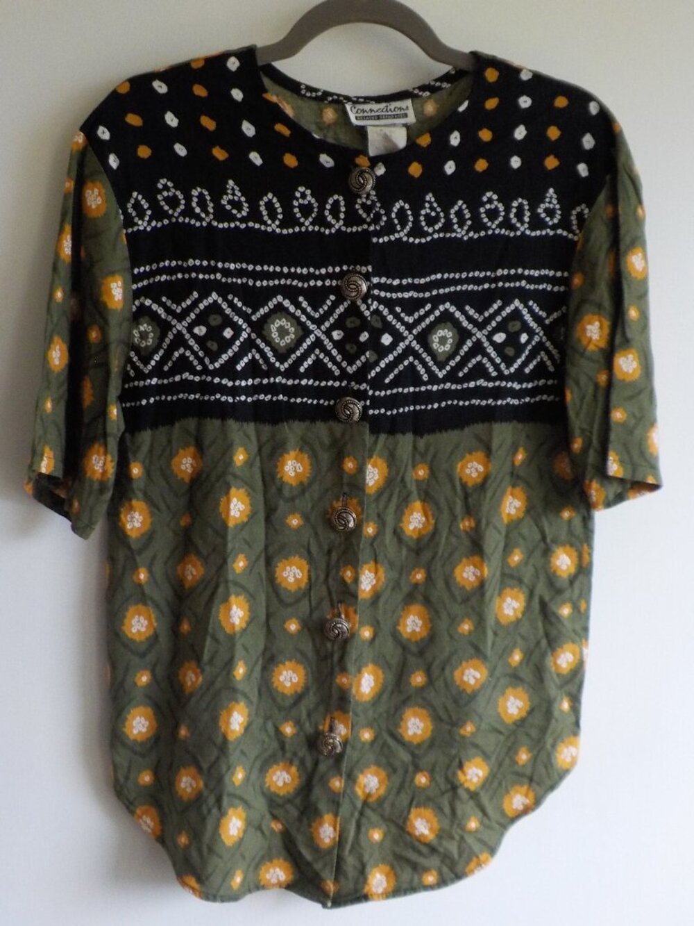Connections Blouse -  Small - Black Green Orange Button Up Short Sleeve (2161)